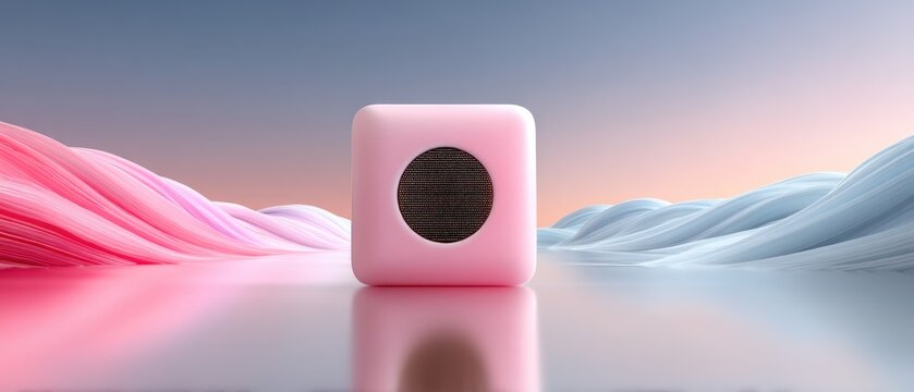 A pink cube with a dark circular insert sits between abstract flowing pink and blue waves