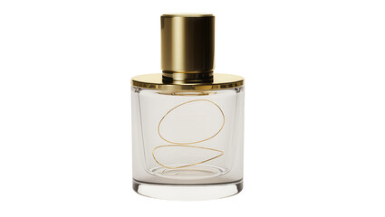 Naklejka premium Isolated elegant luxury perfume bottle with golden cap and abstract design on clear glass