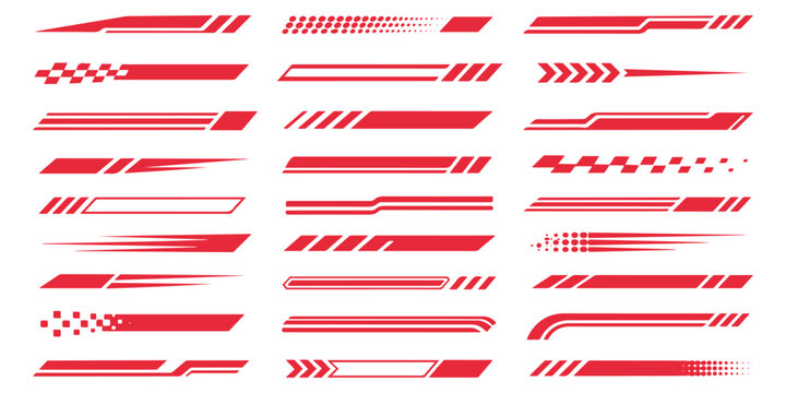 Racing speed lines and race car stripes set. Checkered flag, start and finish line, motocross labels, dynamic lines, motorsport, racing stripe, sport decals, tuning stickers, speed motion banner