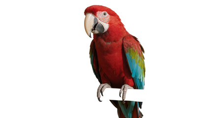 Fototapeta premium Isolated exotic Red-and-green Macaw with vibrant red blue green plumage looking alertly
