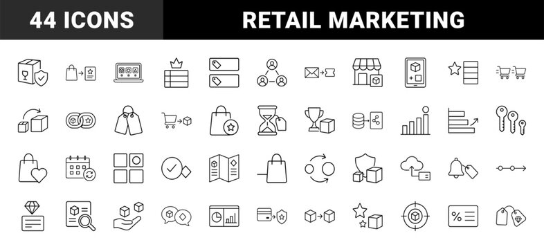 Ecommerce sales optimization line icon set. Vector pictograms of upsell strategy, cross sell marketing, product bundling, and customer value growth elements, thin linear illustration.