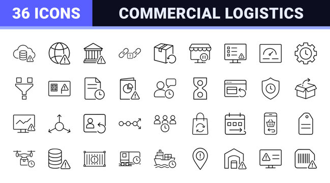 Business inventory line icon set. Vector pictograms of stock, management, logistics, and supply chain elements, thin linear illustration.