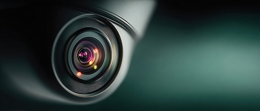 Macro shot of a surveillance camera lens with vivid colors and soft gradient background