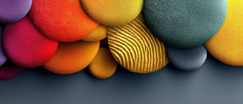 A vibrant composition featuring colorful, textured, oval shapes layered over a dark blue background