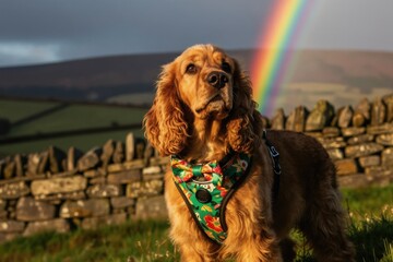 Fototapeta premium Golden cocker spaniel dog in floral harness stands on green grass field. Stone wall behind with rolling hills and rainbow sky above. Animal enjoys nature walk.