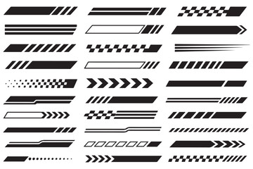 Naklejka premium Racing stripes and checkered flags vector set.. checkered flag, finish line, motocross labels, dynamic lines, motorsport, racing stripe speed, sport decals, vehicle tuning stickers vector illustration