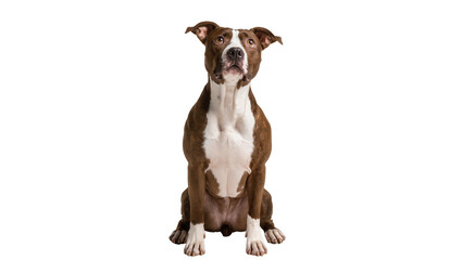 Isolated brown and white Pit Bull type dog sitting patiently, looking up with curious expression. © Ioana