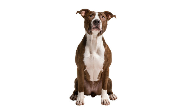 Isolated brown and white Pit Bull type dog sitting patiently, looking up with curious expression.