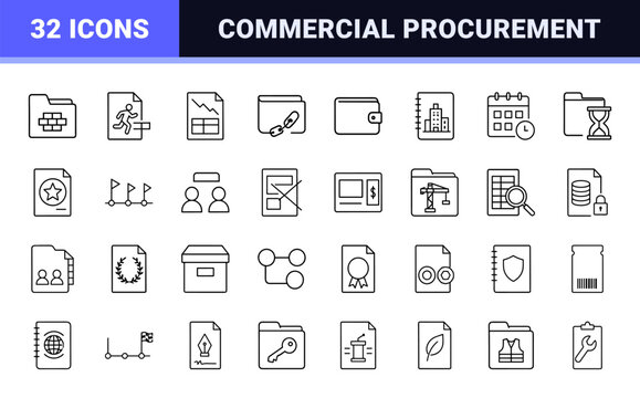Construction bidding line icon set. Vector pictograms of procurement, engineering contracting, commercial estimation, and project tendering elements, thin linear illustration.
