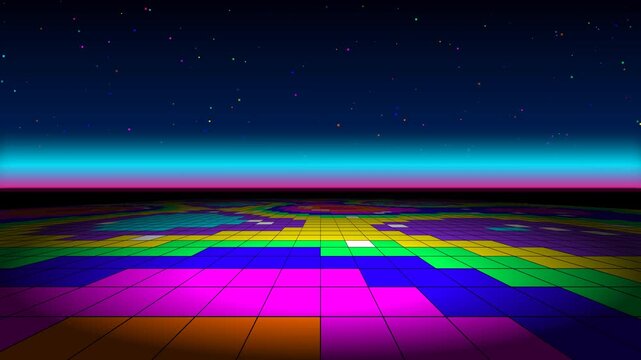 Abstract Neon Disco Dance Floor with Colorful Grid Design and Starry Night