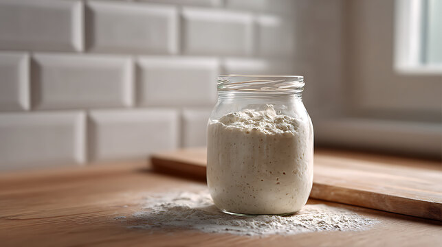Healthy Home Bakery Prep: Organic Flour Mixture in Glass Jar on Wooden Countertop, Rustic White Tile Kitchen Background