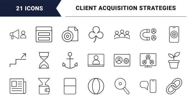 Customer acquisition line icon set. Vector pictograms of marketing, conversion, lead, and analytics elements, thin linear illustration.