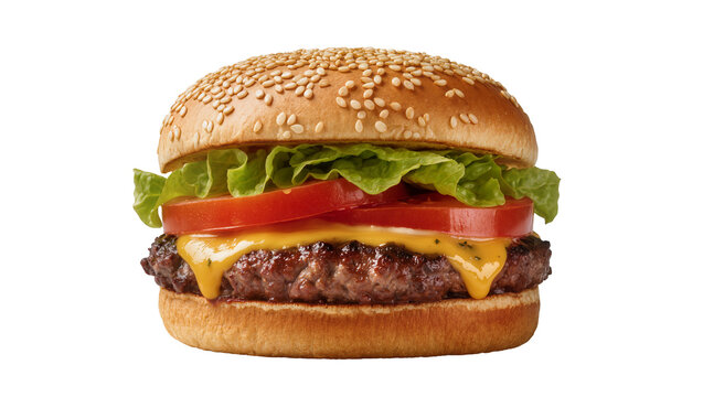 Isolated Mouth-watering cheeseburger with a grilled patty, melted cheddar, crisp lettuce, and tomato.