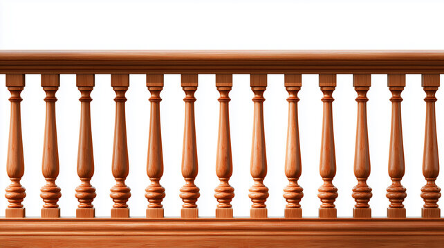 Classic wooden balustrade with elegant carved balusters and a polished handrail, isolated on a clean white background, ideal for architecture design