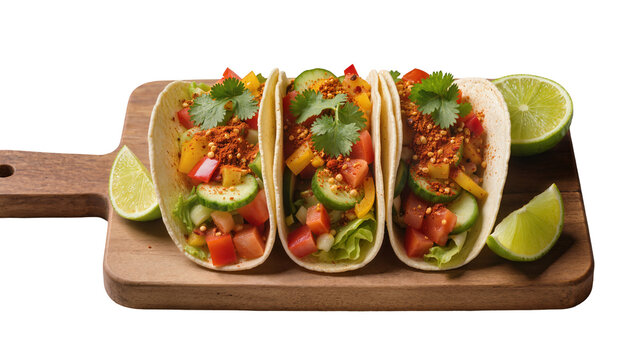 Isolated delicious fresh vegetarian soft tacos with colorful vegetables and lime on wooden board