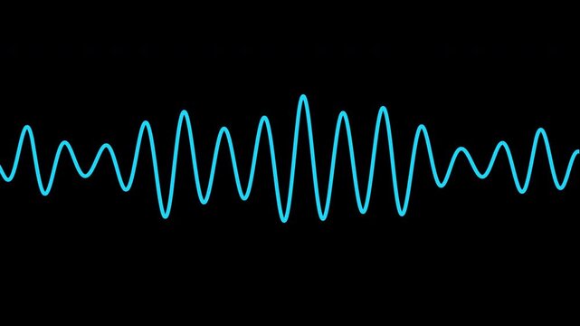 Animated blue sine wave signal oscillating horizontally on a solid black background. A seamless looping universal design element of scientific technology interface and data dashboard