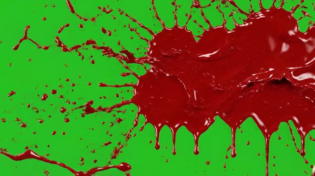 Red Liquid Splash Explosion on Green Screen Background.