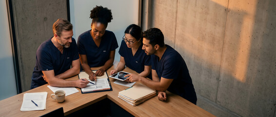 Fototapeta premium Medical team reviewing patient data and digital tablet in modern hospital office. Group of diverse doctors and nurses in blue scrubs collaborating on clinical case during meeting.