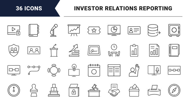 Shareholder meeting line icon set. Vector pictograms of corporate governance, financial reporting, investor voting, and board administration elements, thin linear illustration.