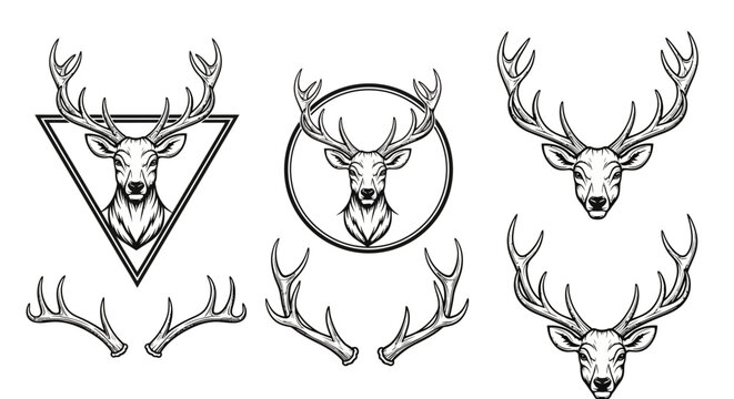 Deer Antlers Heads Illustrations Set.