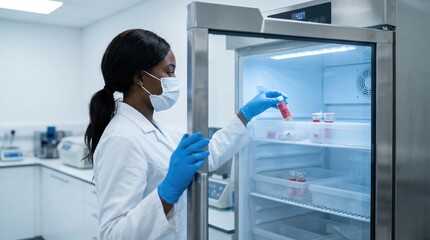 Naklejka premium African lab technician storing Ebola samples in medical cold unit