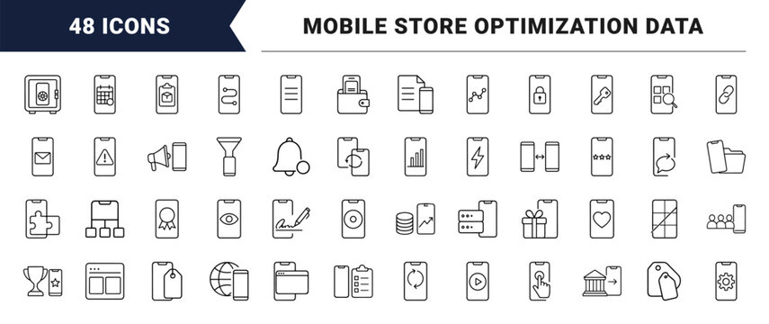 Mobile app marketing line icon set. Vector pictograms of application marketing, marketplace optimization, store analytics, and digital conversion elements, thin linear illustration.