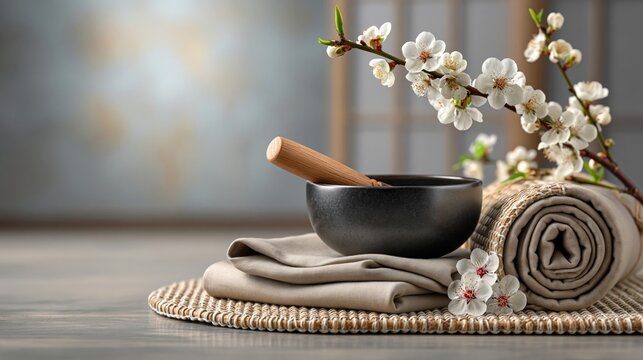 Spa still life with singing bowl, rolled towel and blossoming cherry branch on wooden background