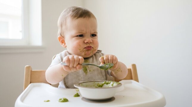 Funny displeased baby sitting in high chair eating green broccoli puree making a disgusted face, picky eater concept