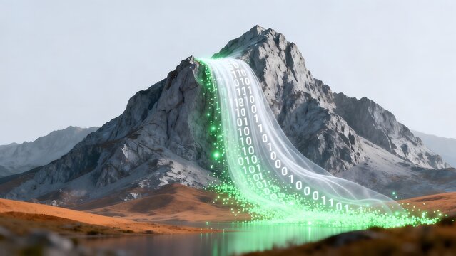 Mountain with glowing binary waterfall
