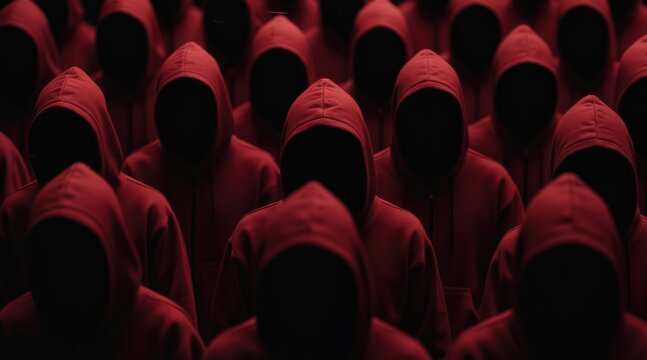 Group of anonymous people wearing red hoods in dark. Identical crowd with hidden faces. Sinister collective ready for cyber attack or protest. Mysterious threat appears.