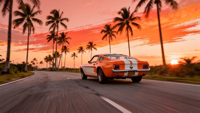 Classic car on tropical road at sunset
