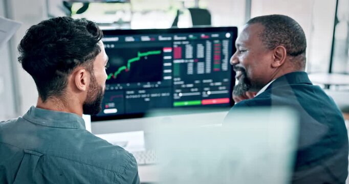 Business, men and pointing to computer screen with graphs for market shift, stats review or update. Trading dashboard, tablet and teamwork with charts in office for stock price and investment profit