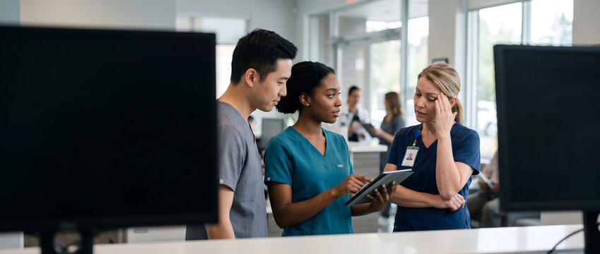 Diverse medical team using tablet to discuss patient care in modern hospital clinic lobby; stressed senior female doctor looking worried during collaborative discussion about diagnosis and exhaustion.