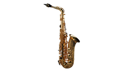 Naklejka premium Isolated golden brass musical instrument saxophone standing upright on a clean surface