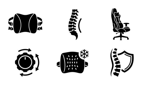 Ergonomic Support Icons: Lumbar Pillow, Spine Health, Gaming Chair, Adjustable Dial, Cooling Pillow, Spinal Protection