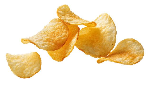 Isolated delicious crispy potato chips flying and falling, a tasty salty snack food