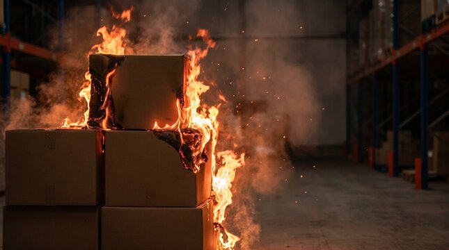Caixas de papel&atilde;o em chamas durante inc&ecirc;ndio em armaz&eacute;m de log&iacute;stica