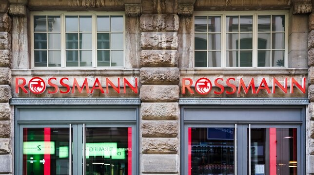 Leipzig, Germany - 21. May 2026: ROSSMANN drugstore brand sign on building facade