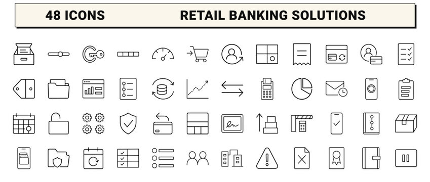 Commercial finance line icon set. Vector pictograms of payment plan, billing schedule, consumer credit, and retail financing elements, thin linear illustration.