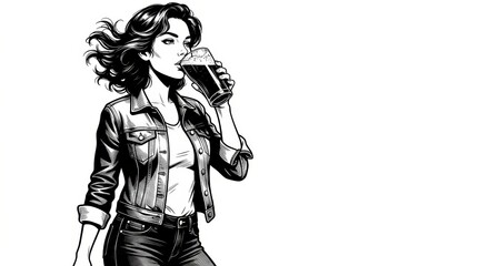 Obraz premium Stylish woman in casual clothing drinking foamy beer from a pint glass, depicted as a fictional character in black-and-white sketch engraving style vector illustration created with generative AI. 
