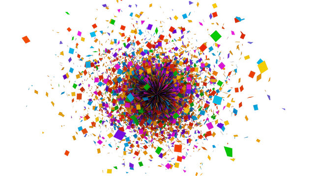 Isolated dynamic vibrant colorful exploding confetti particles for festive celebration design overlay.