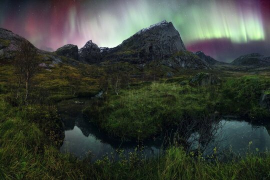 View of the Aurora Borealis dancing over the jagged peaks of Lofoten with a small stream reflecting the night sky in Vagan Municipality, Nordland, Norway.