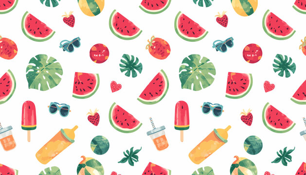 Colorful summer elements seamless pattern with watermelon and drinks