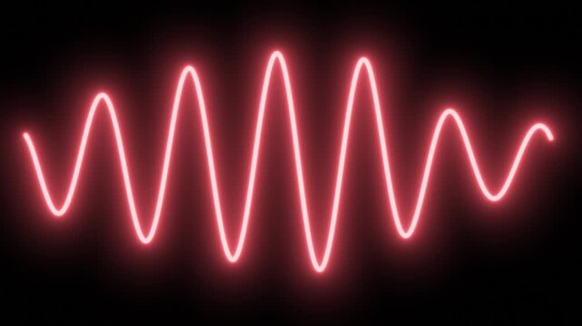 Animated red neon sine wave oscillating smoothly on a black background. A seamless loop visualizer for audio frequencies or scientific data with a futuristic glow effect