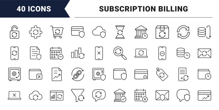 Recurring payment line icon set. Vector pictograms of subscription billing, auto pay transaction, membership renewal, and automated finance elements, thin linear illustration.