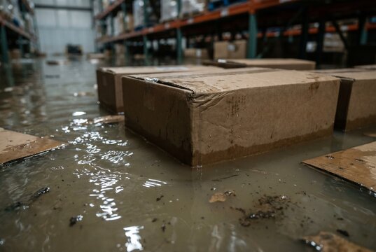  Inunda&ccedil;&atilde;o em armaz&eacute;m de log&iacute;stica: caixas de papel&atilde;o danificadas pela &aacute;gua no ch&atilde;o alagado