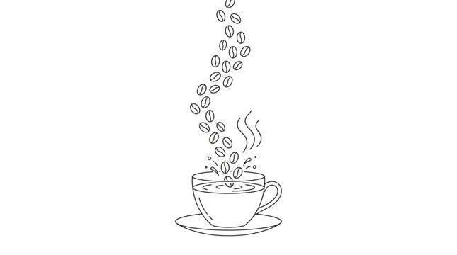 Aromatic Coffee Beans Falling into a Steaming Cup on a Saucer, Illustrating the Art of Coffee Making