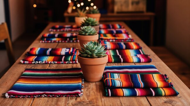 Table set with colorful Mexican blankets and potted succulents. Ready for a festive fiesta gathering. Adds vibrant cultural flair to any event.