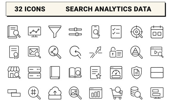 Search engine optimization line icon set. Vector pictograms of keyword research, website optimization, search analytics, and marketing strategy elements, thin linear illustration.