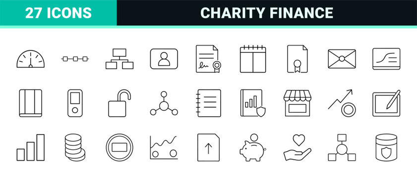 Charity finance line icon set. Vector pictograms of non profit banking, fundraising accounting, donation management, and financial reporting elements, thin linear illustration.